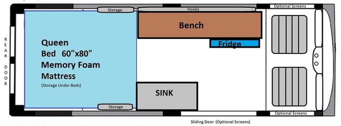 and smart storage below in this camper van.|Compact RV rental interior featuring a comfy bed