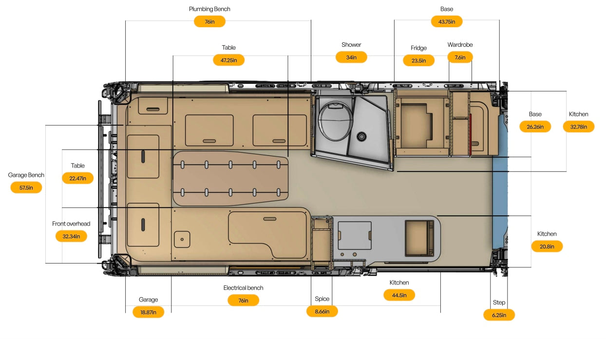Detailed RV rental interior floor plan showcasing precise dimensions (inches) of kitchen, shower, fridge, and various benches.