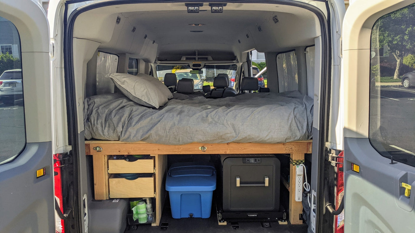 and gear shift.|Interior view of an RV rental van