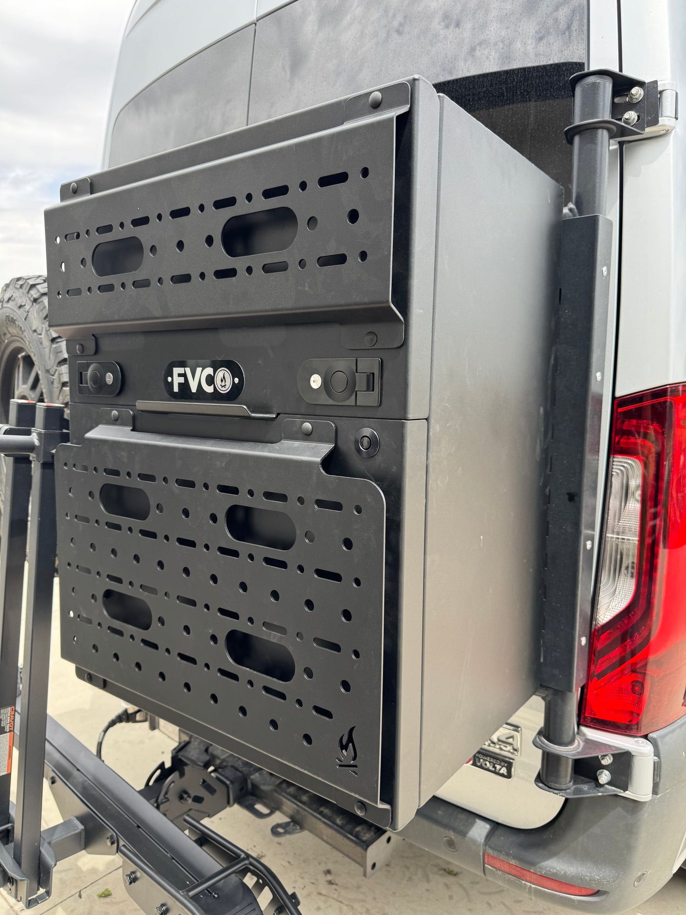 Optimize your **rv rental**! Durable FVCO rear cargo box with versatile modular panels for outdoor gear.