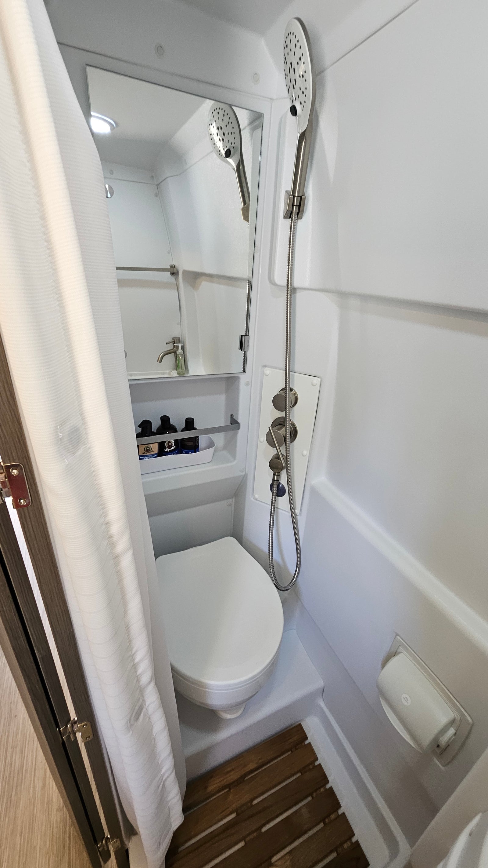Compact RV rental wet bath with toilet, handheld shower, and sink (reflected in mirror). Features shower curtain & controls.