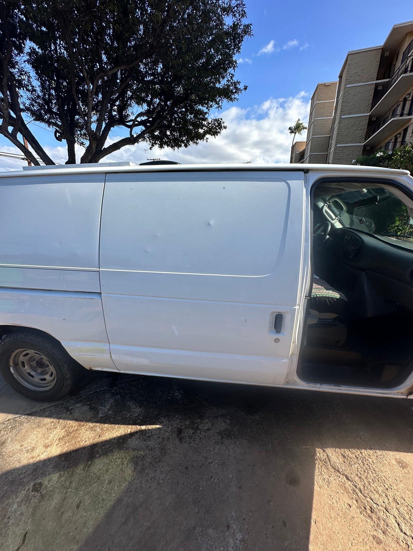 White cargo van with open door, dents visible. Parked outdoors; a rugged rv rental option.