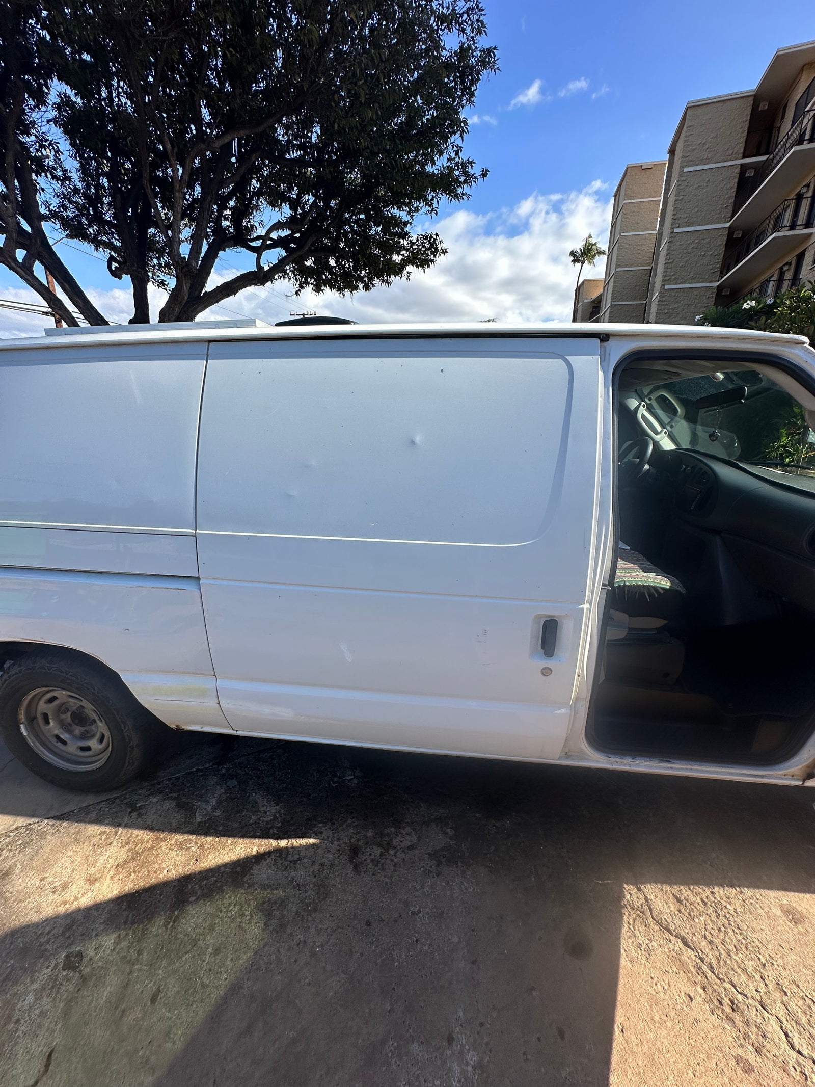 White cargo van with open door, dents visible. Parked outdoors; a rugged rv rental option.