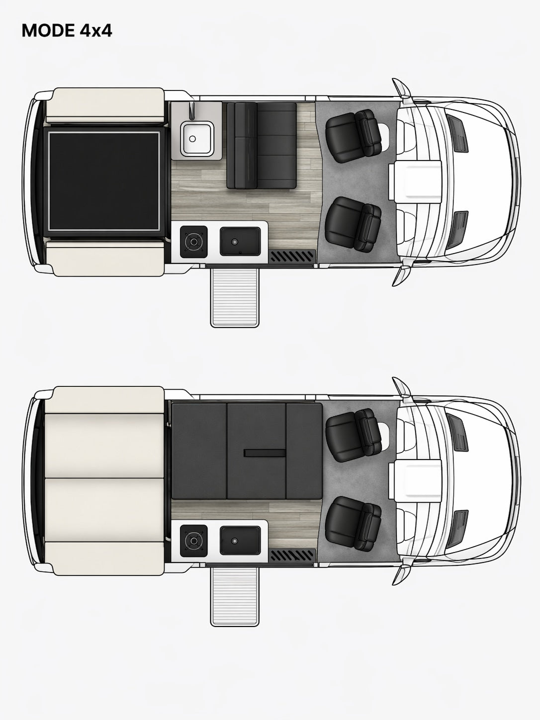 RV rental: Two convertible floorplans of a camper van. Top: seating, kitchen, and rear lounge. Bottom: large bed setup.