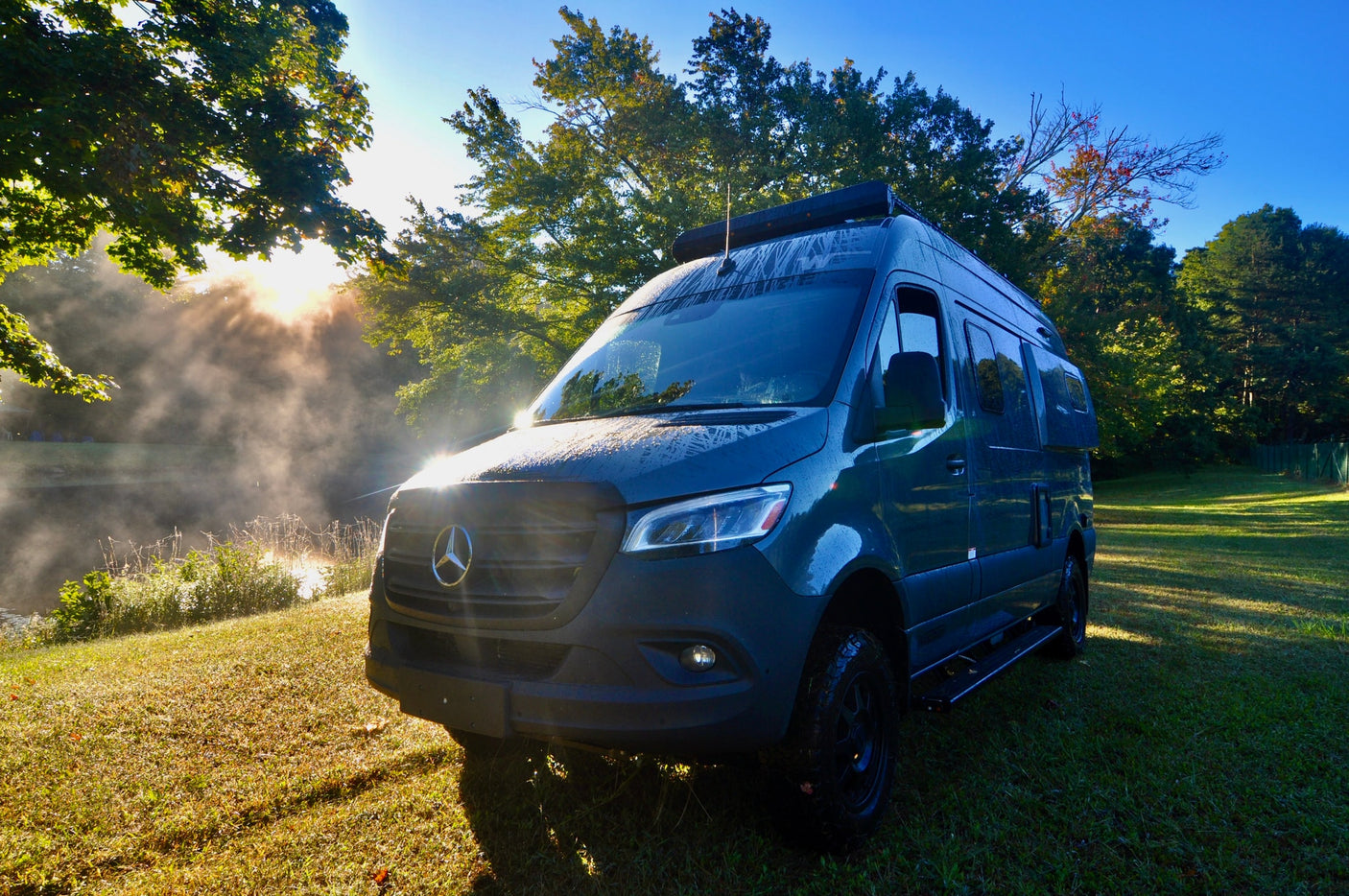 Misty morning greets this Mercedes Sprinter camper van
