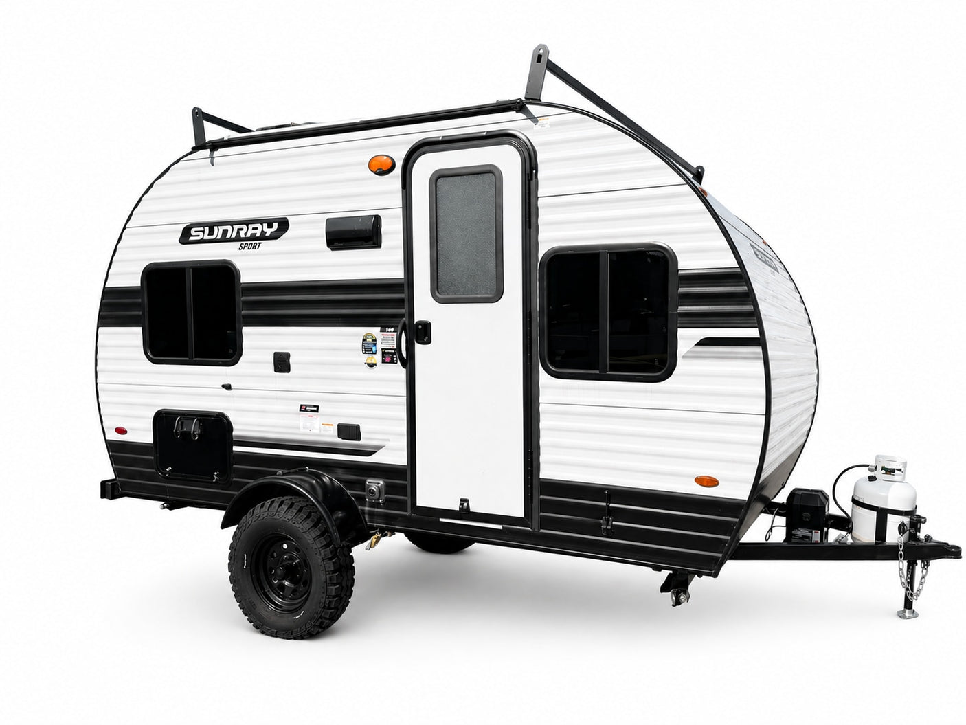 This Sunray Sport teardrop camper is an ideal RV rental for rugged outdoor adventures. White & black, with off-road tires.