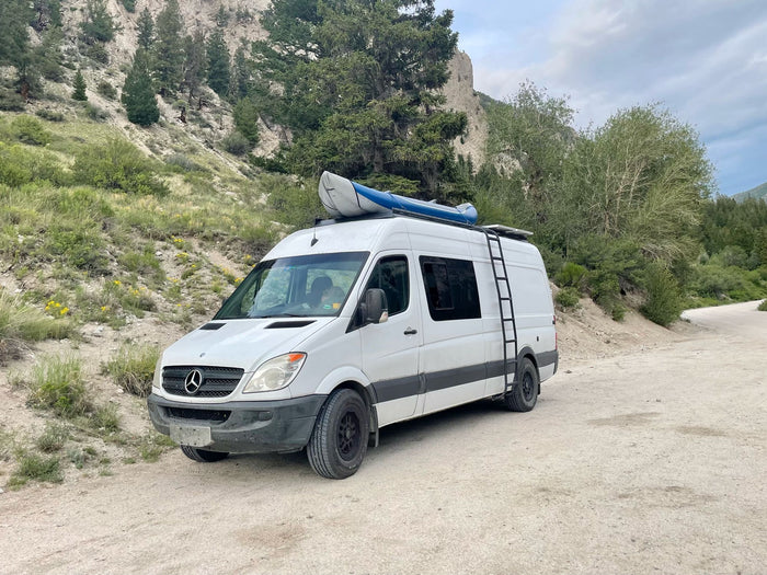 cloudy sky.|This white Sprinter rv rental