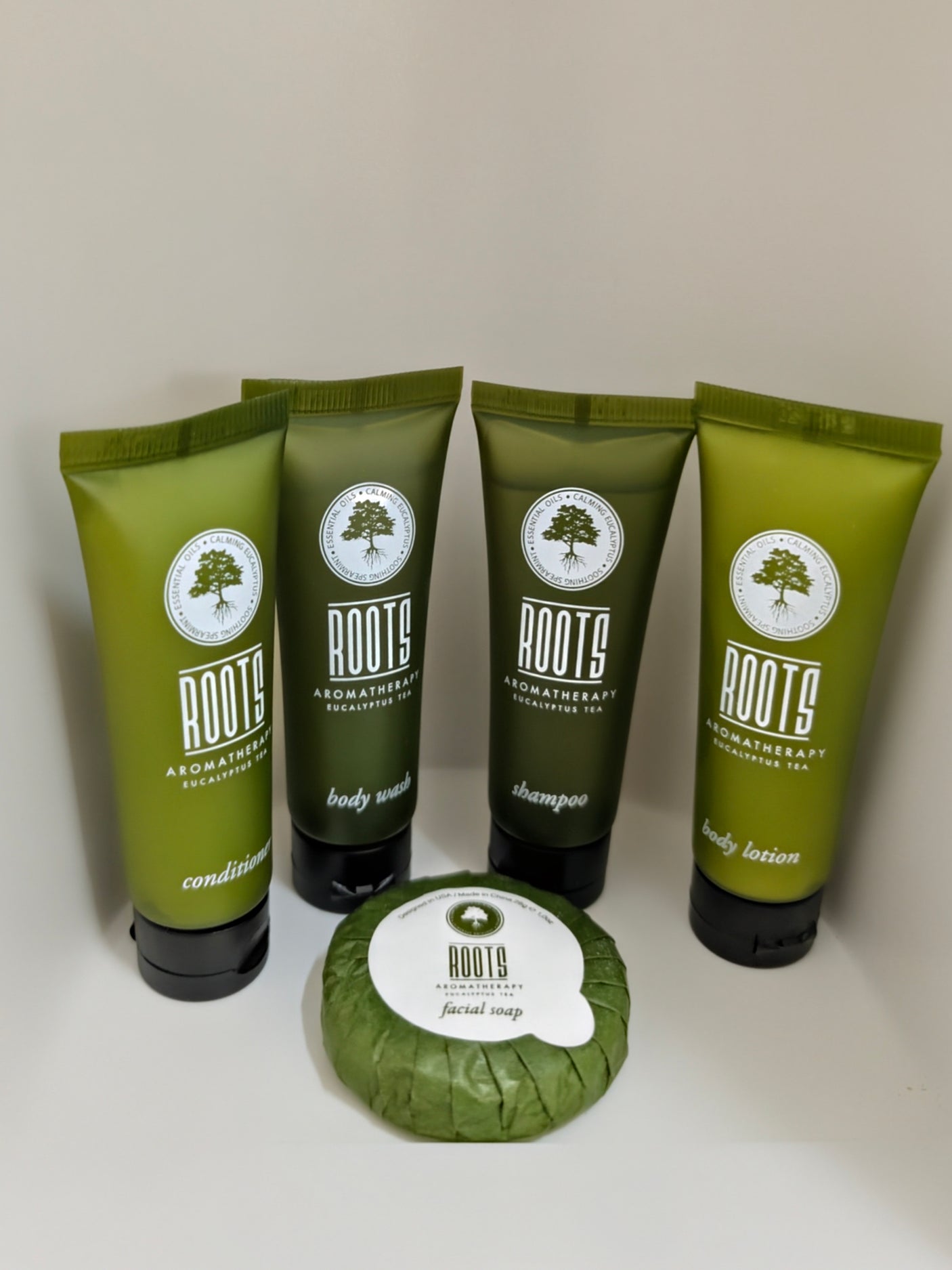 RV rental toiletries: ROOTS Eucalyptus Tea shampoo, conditioner, body wash, lotion, and facial soap for a fresh stay.