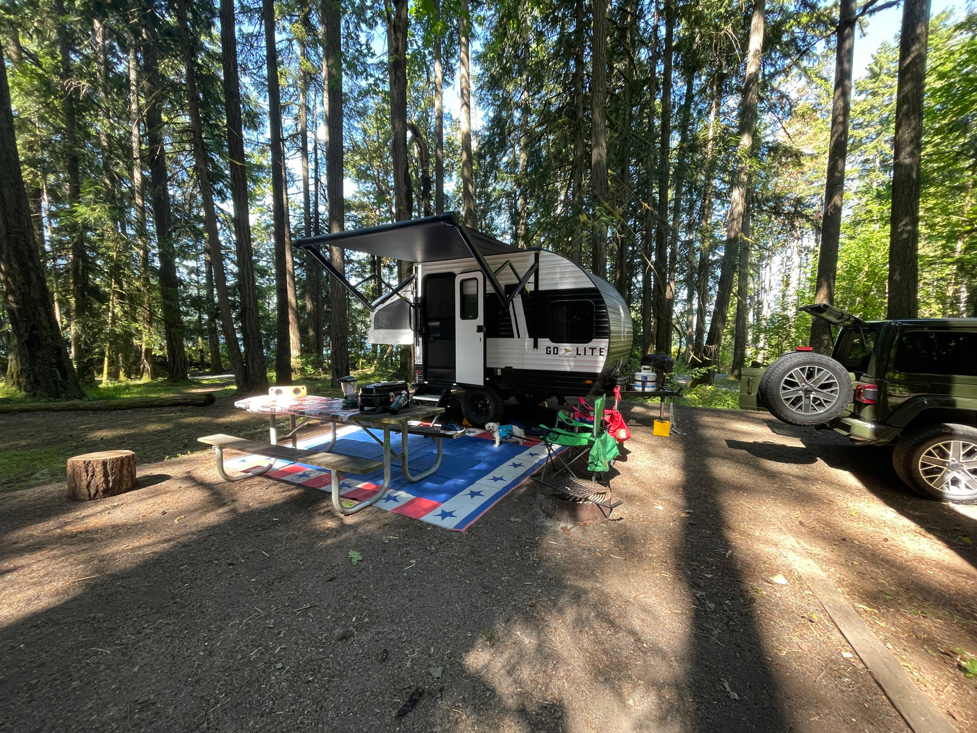 Serene campground with an rv rental, patriotic picnic mat, green Jeep, and small dog amidst sunlit trees.