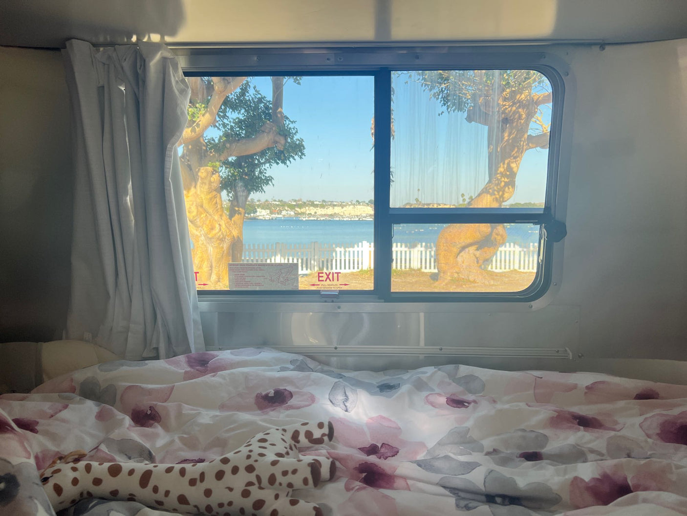 Cozy RV rental bed with floral duvet and spotted plush toy, offering a scenic bay view with gnarled trees, white fence, and distant shore.