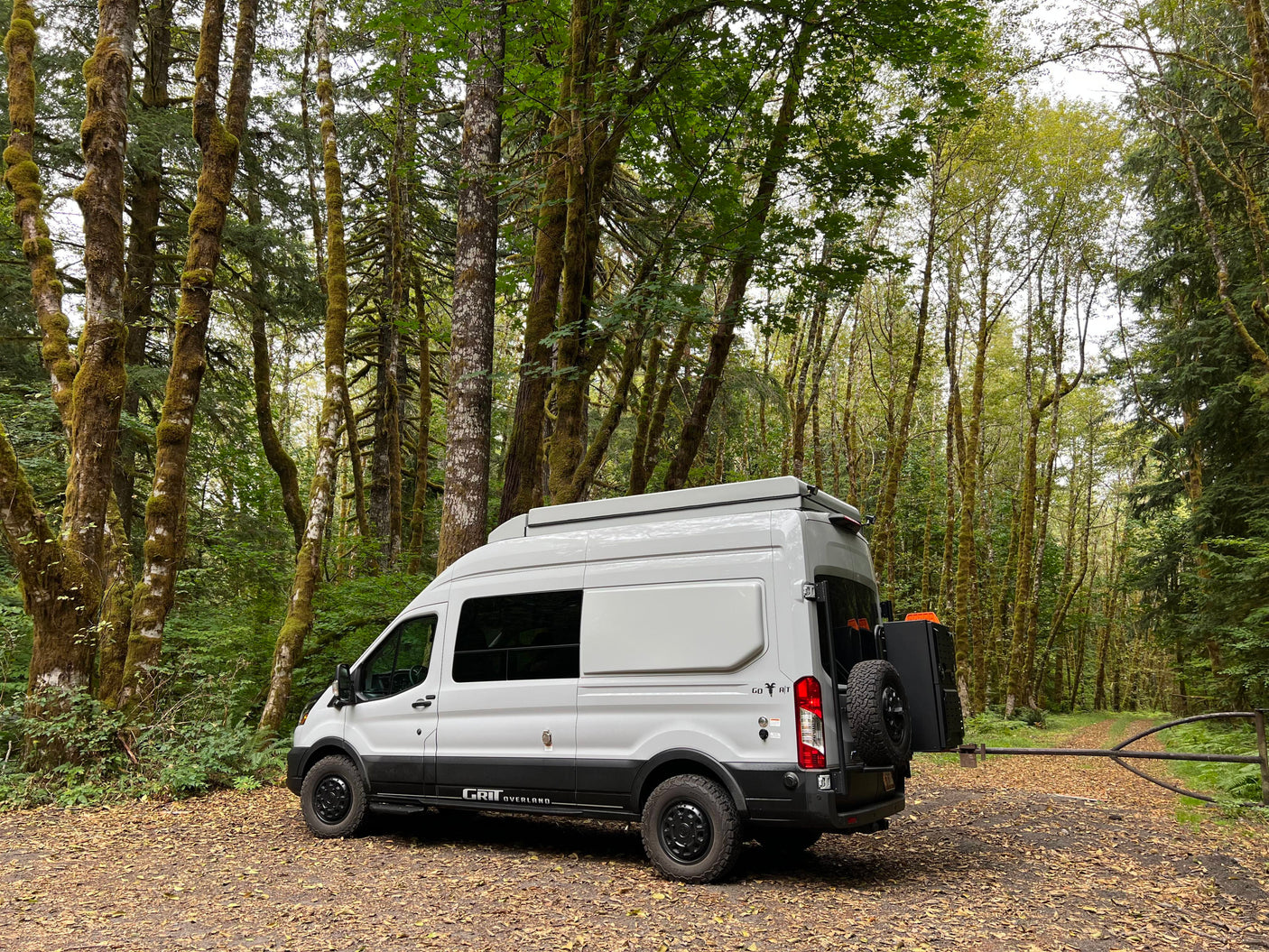 Light gray RV rental van with off-road tires, parked on a forest path amid moss-covered trees, ready for adventure.