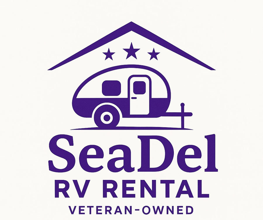 SeaDel RV Rental logo: a purple camper under a roof with stars, with "Veteran-Owned" text below.