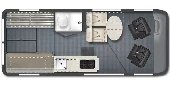 RV rental floor plan: Detailed interior layout with front seats, dining, bathroom, kitchen, & rear bed.