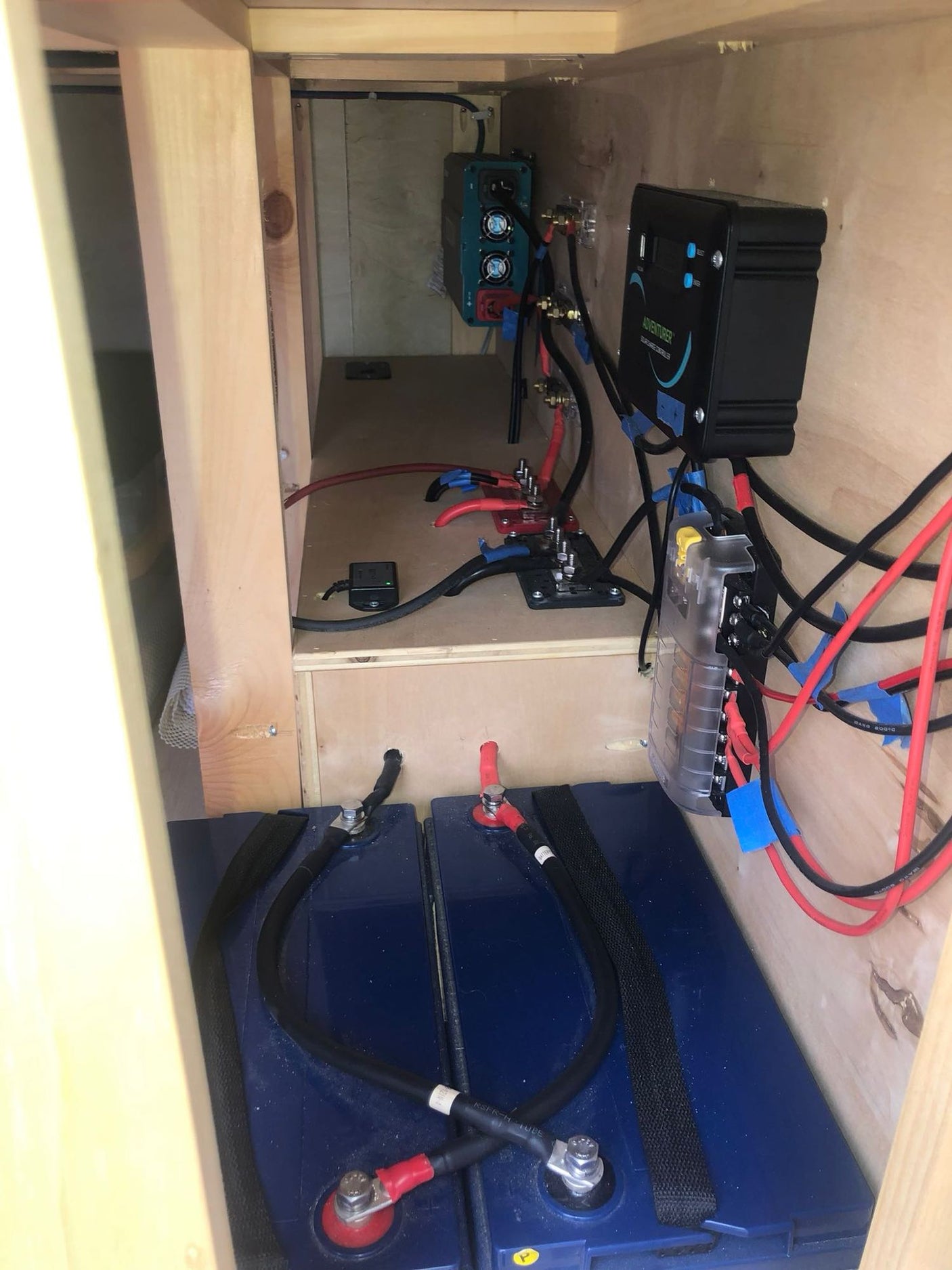 RV rental's power hub: neat wiring connects blue batteries, solar charge controller, and fuse box for reliable off-grid use.
