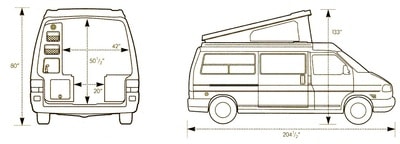 Diagram showing camper van dimensions for RV rental. Rear view details interior layout; side view shows pop-top height & length.