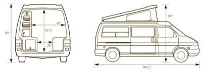 Diagram showing camper van dimensions for RV rental. Rear view details interior layout; side view shows pop-top height & length.