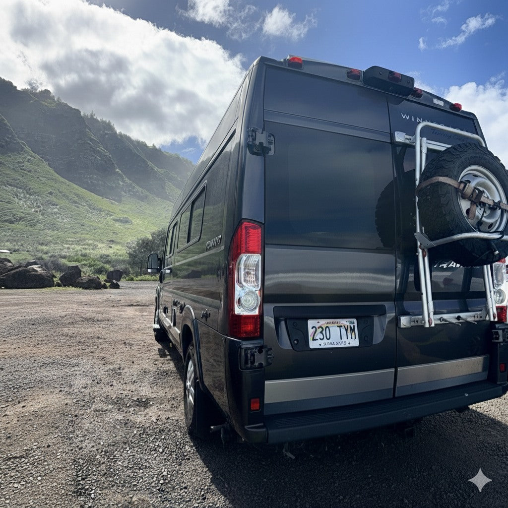 A dark gray camper van RV rental sits on a gravel lot, backed by misty green mountains and clouds under a blue sky.