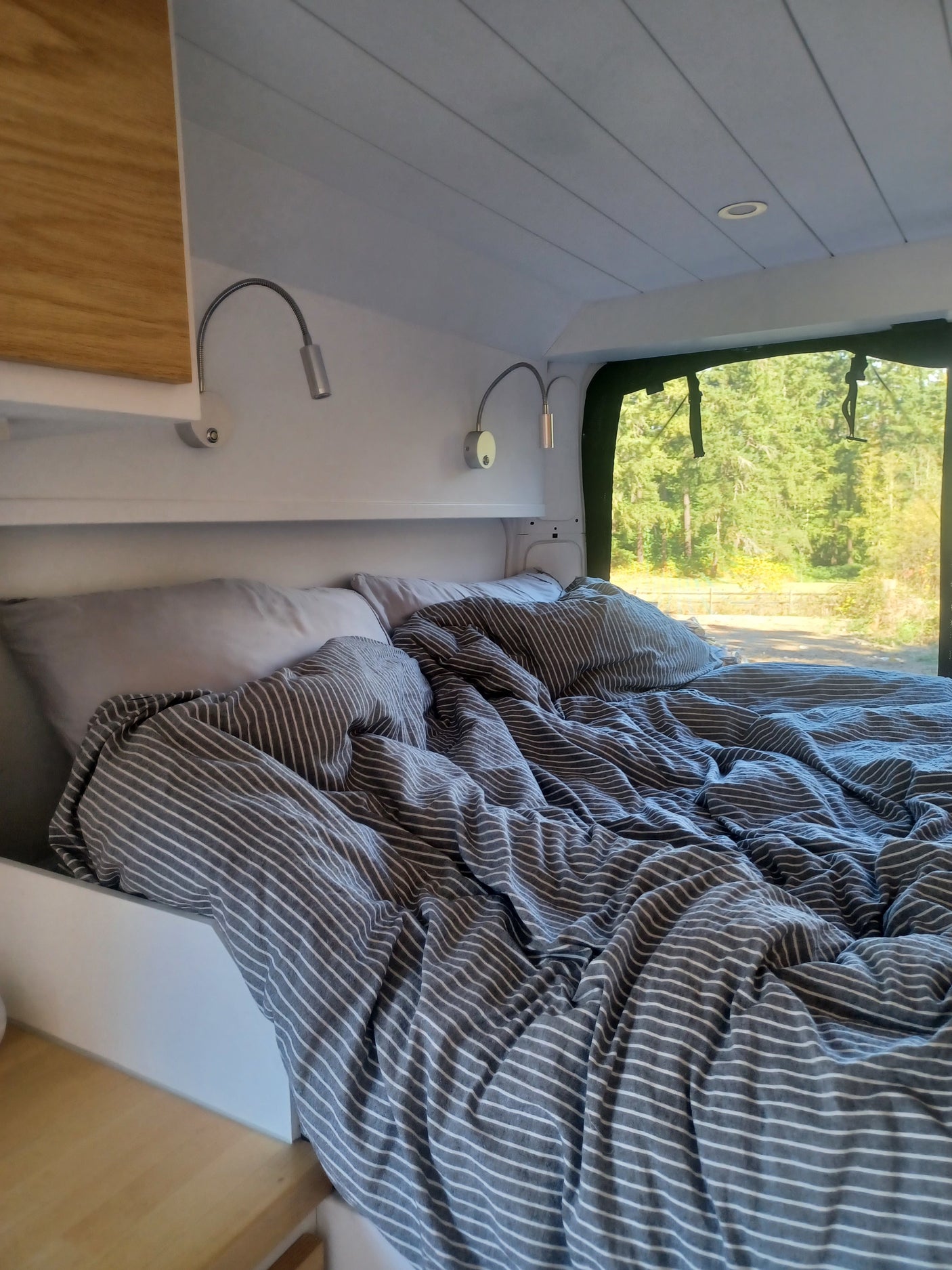 Inside an **RV rental**, a cozy bed with gray striped linens and reading lights offers a peaceful view of lush trees outside.