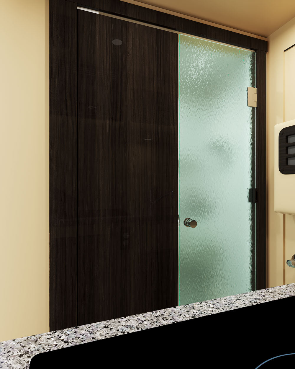 and wall-mounted holder.|RV rental: Modern beige camper van interior featuring a compact kitchen