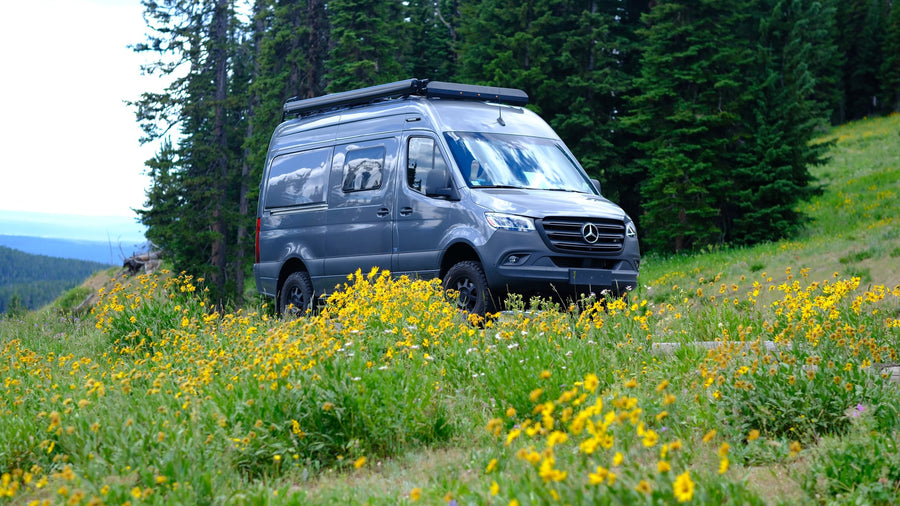 Gray Mercedes Sprinter rv rental camper van parked amidst vibrant yellow wildflowers and pine trees on a scenic hillside.|Mercedes Winnebago Revel RV rental floorplan: Sleeps 3
