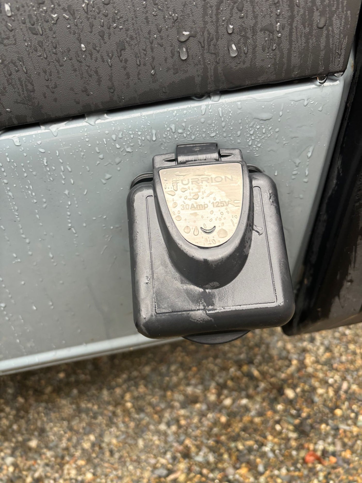Wet Furrion 30 Amp 125V power inlet on an RV rental. Connects to campsite shore power for your trip.
