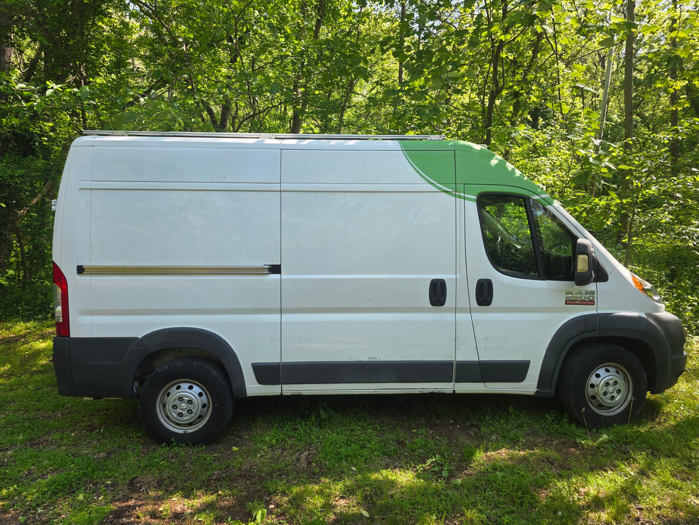 White camper van with green accents, an rv rental, parked in a sunny, green forest.