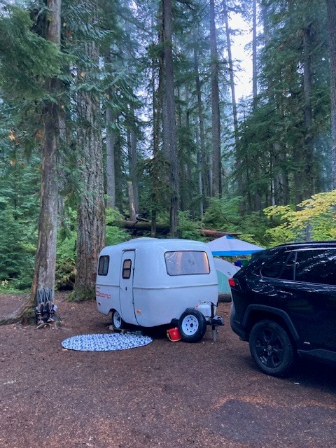 surrounded by green trees.|Small RV rental & SUV camping in a lush forest campsite. Teardrop trailer