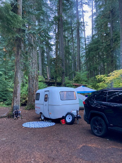 surrounded by green trees.|Small RV rental & SUV camping in a lush forest campsite. Teardrop trailer