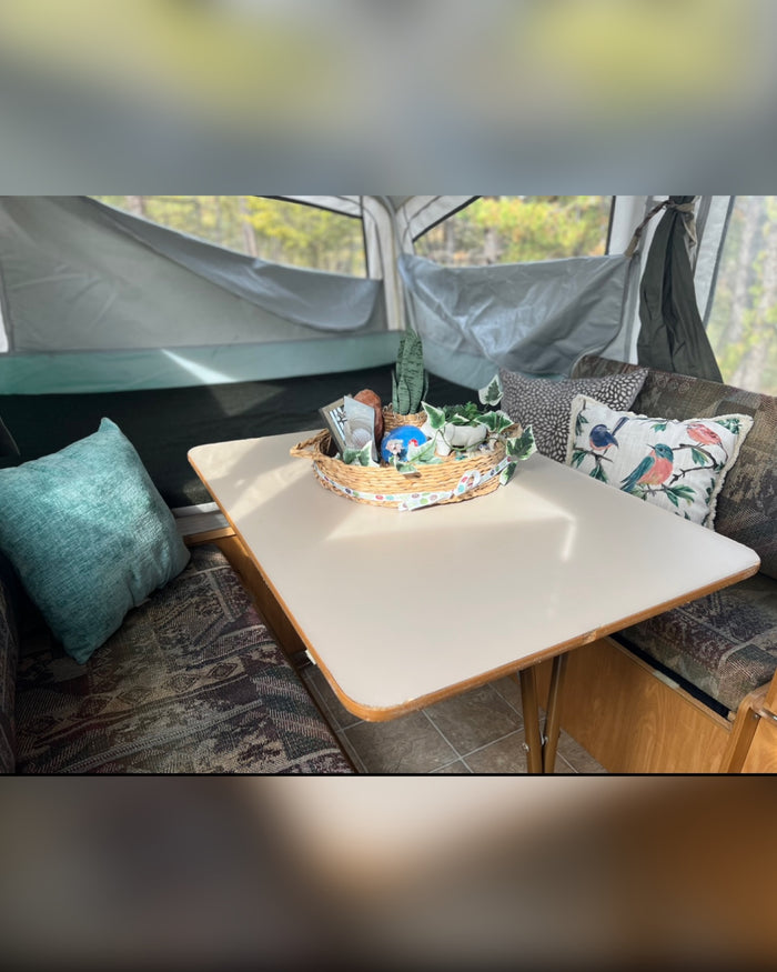 Cozy RV rental interior with dining area, comfy cushions, and nature views from a pop-up camper setup.