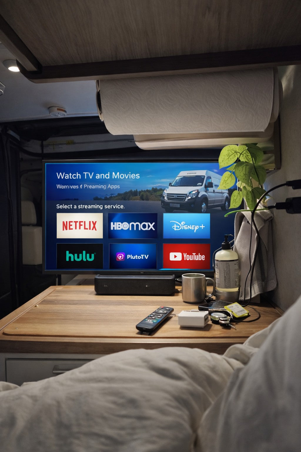 RV rental interior: A TV displays streaming apps (Netflix, Hulu, Disney+) for cozy viewing. A paper towel roll hangs above.