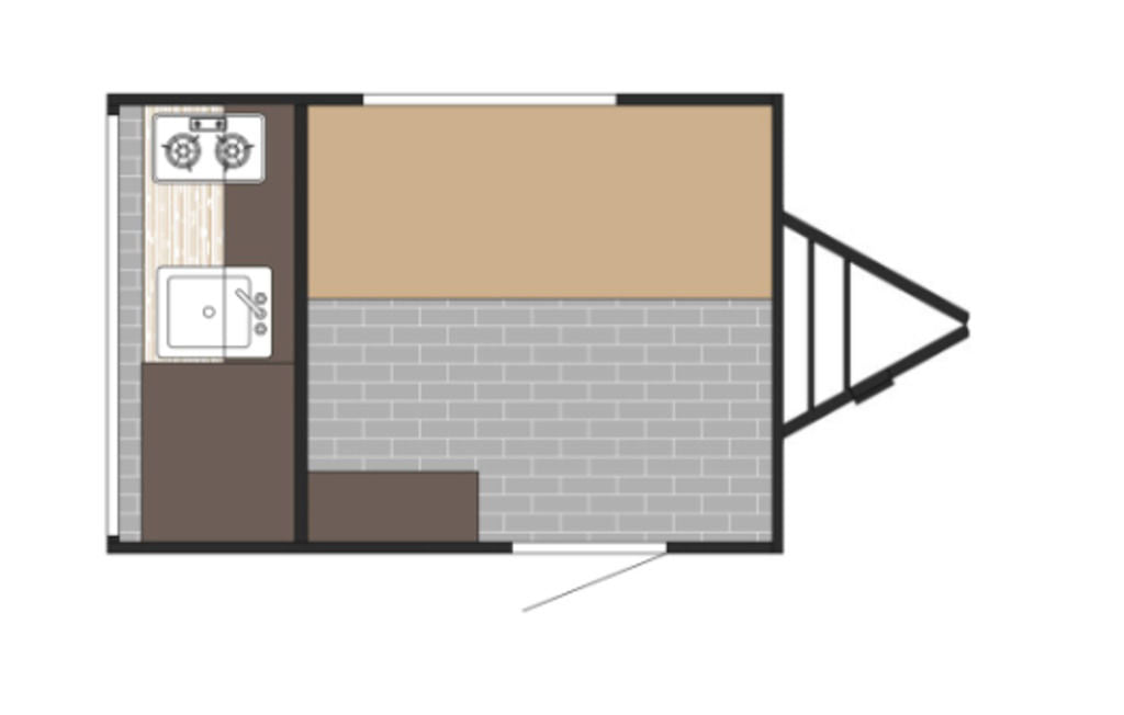 RV rental floor plan: compact camper layout with kitchen (sink, stovetop), bed/seating, and main area.