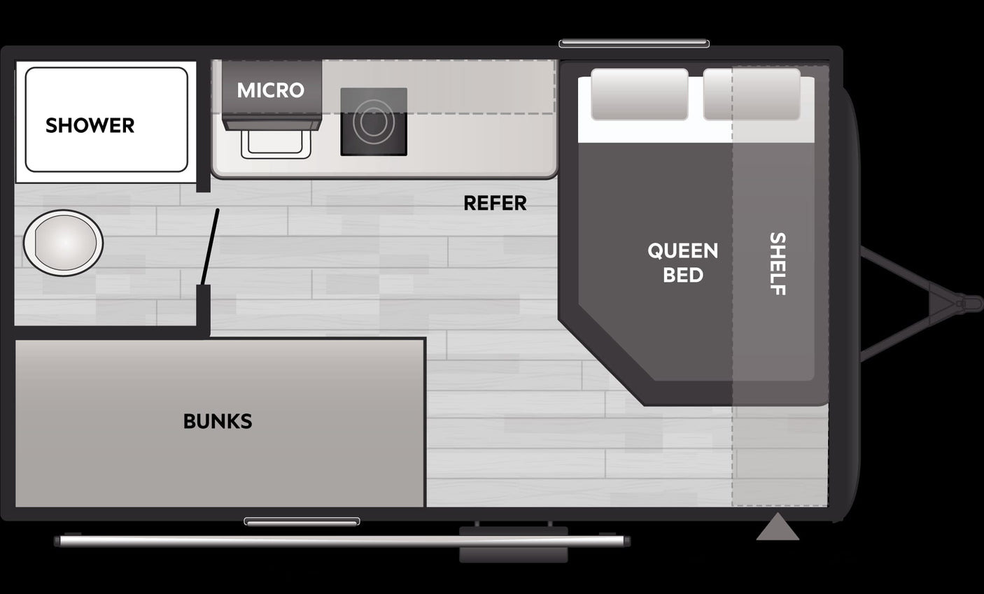 with chairs and a rug for outdoor relaxation.|RV rental floor plan featuring queen bed