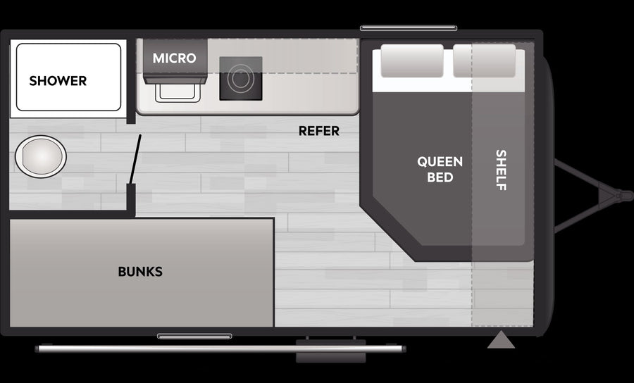 with chairs and a rug for outdoor relaxation.|RV rental floor plan featuring queen bed