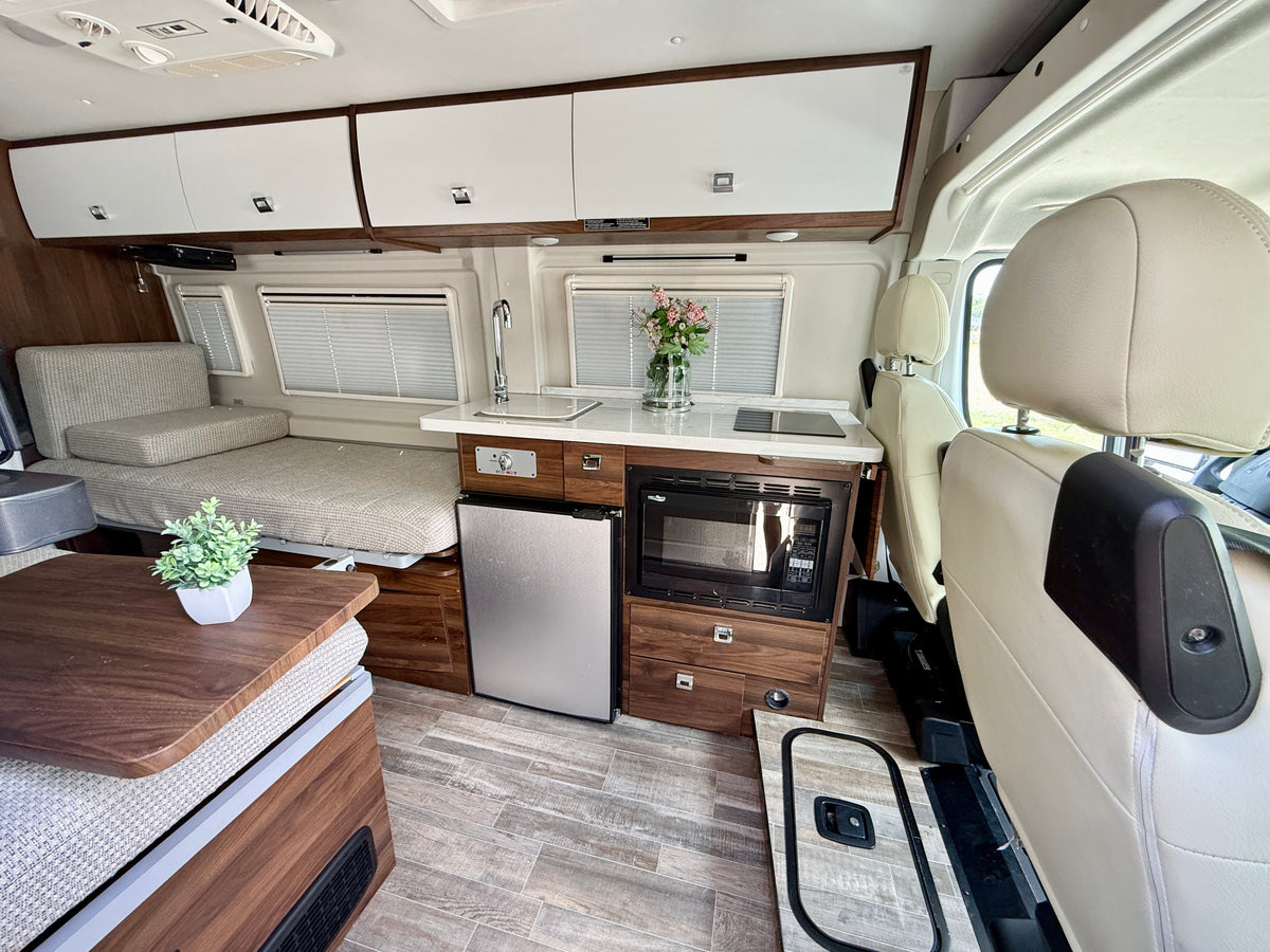 RV rental interior featuring a kitchenette with microwave, fridge, and sink, plus a convertible bed and overhead storage. — photo 6