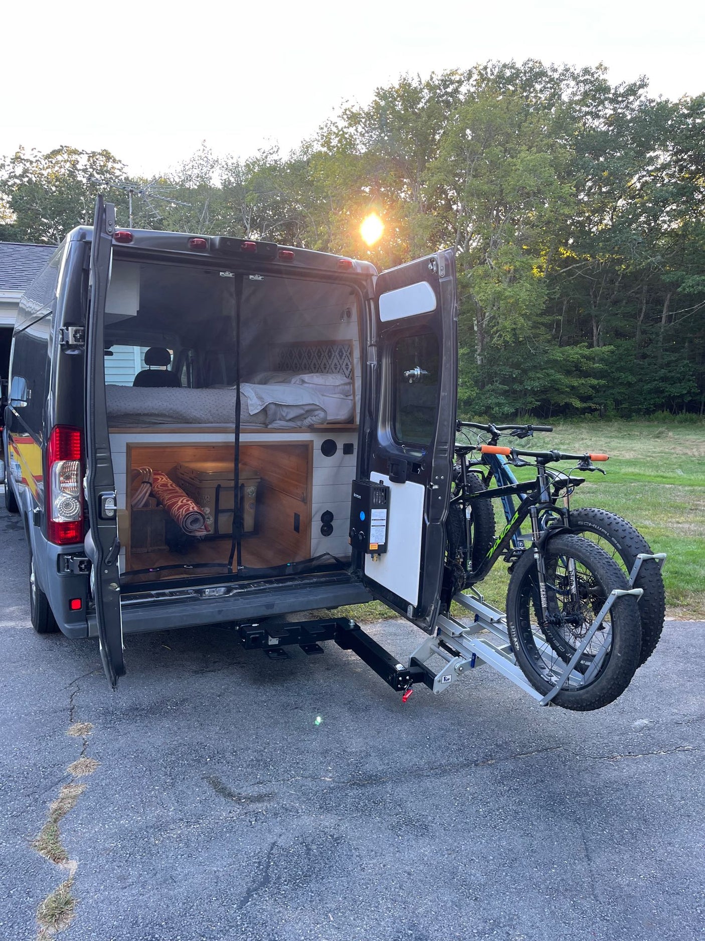 sitting on a wooden counter.|Two fat tire bikes