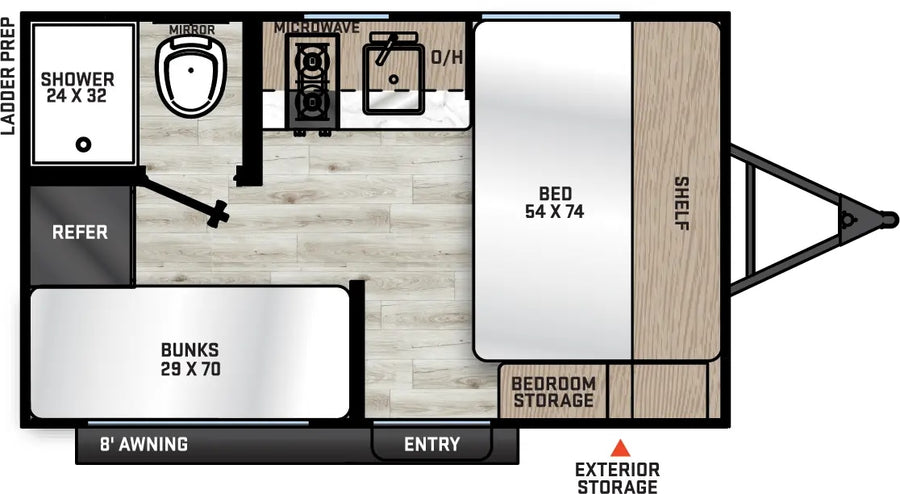 Compact RV rental travel trailer floor plan. Features a bed (54x74), bunks (29x70), kitchen, and full bathroom.