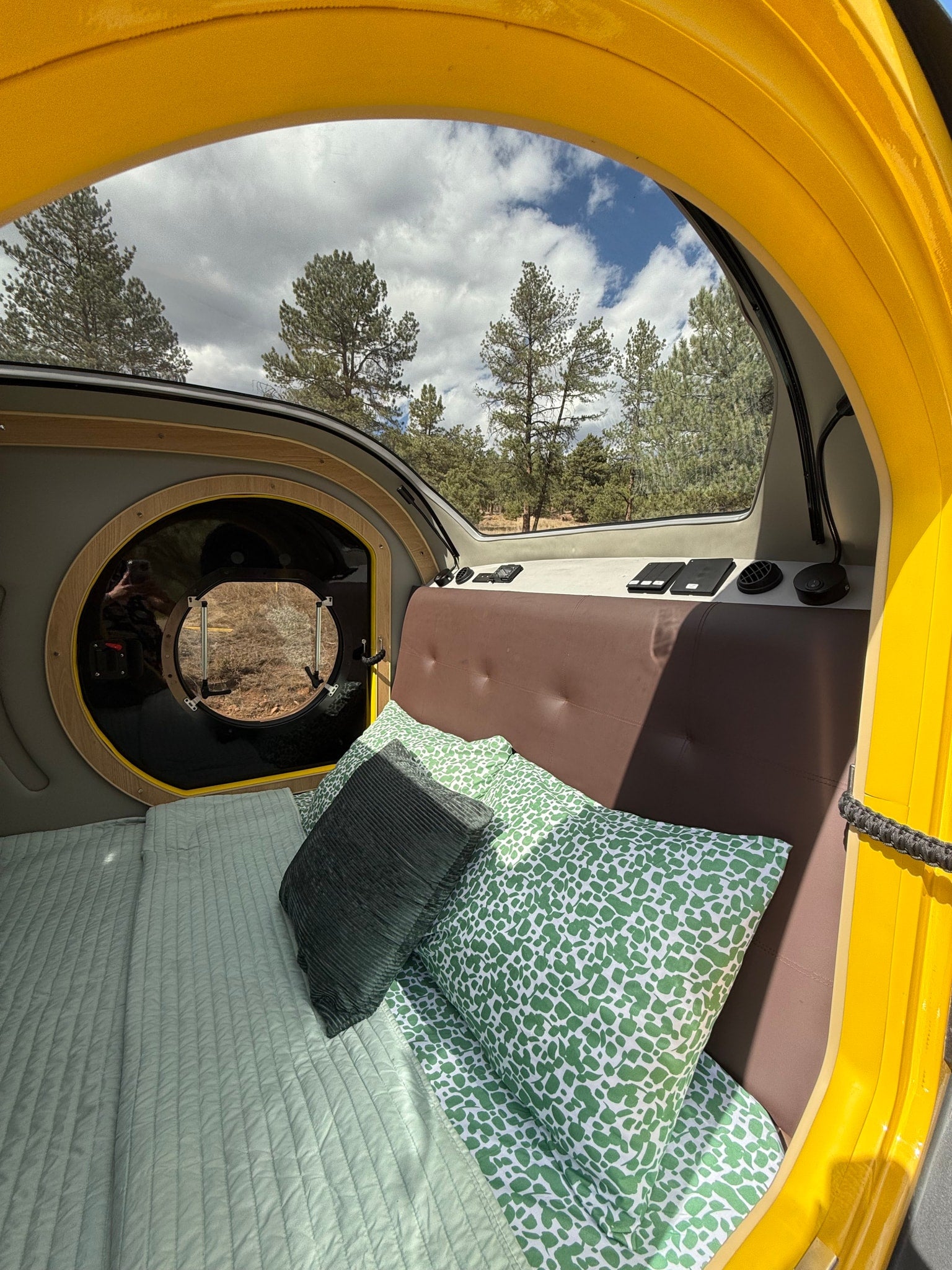 RV rental: cozy interior featuring a bed with green pillows and a large window with a pine forest view.