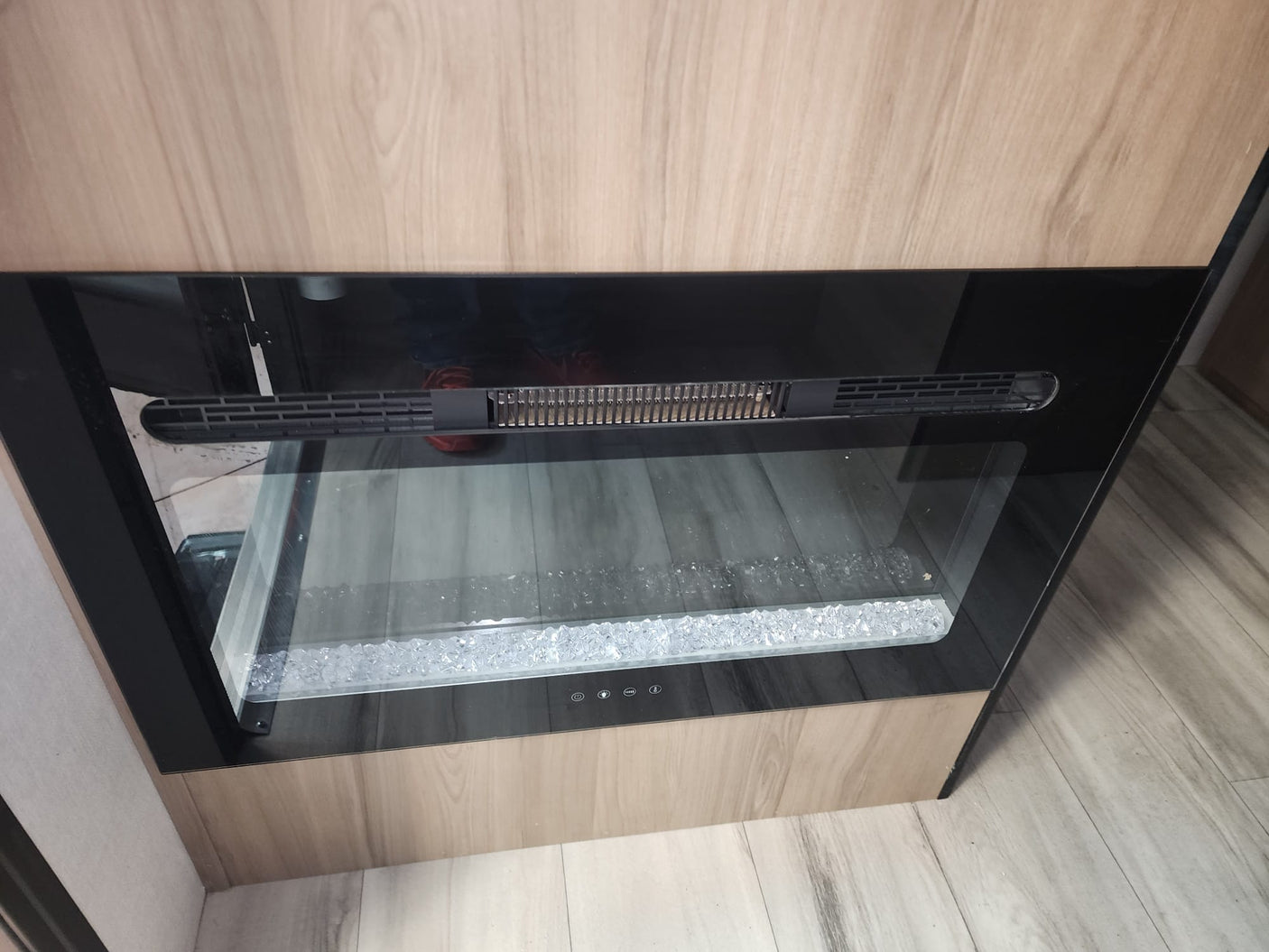 and under-counter fridge.|Interior of an rv rental showing a compact fridge