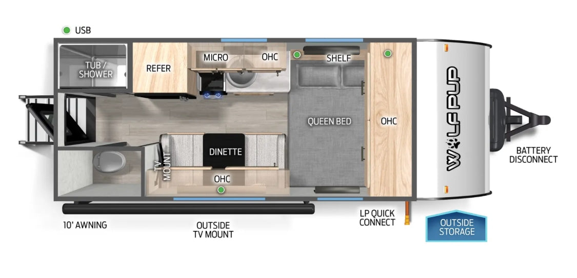 RV rental floor plan: A top-down view of a travel trailer's interior layout with a queen bed, kitchen, and dinette.