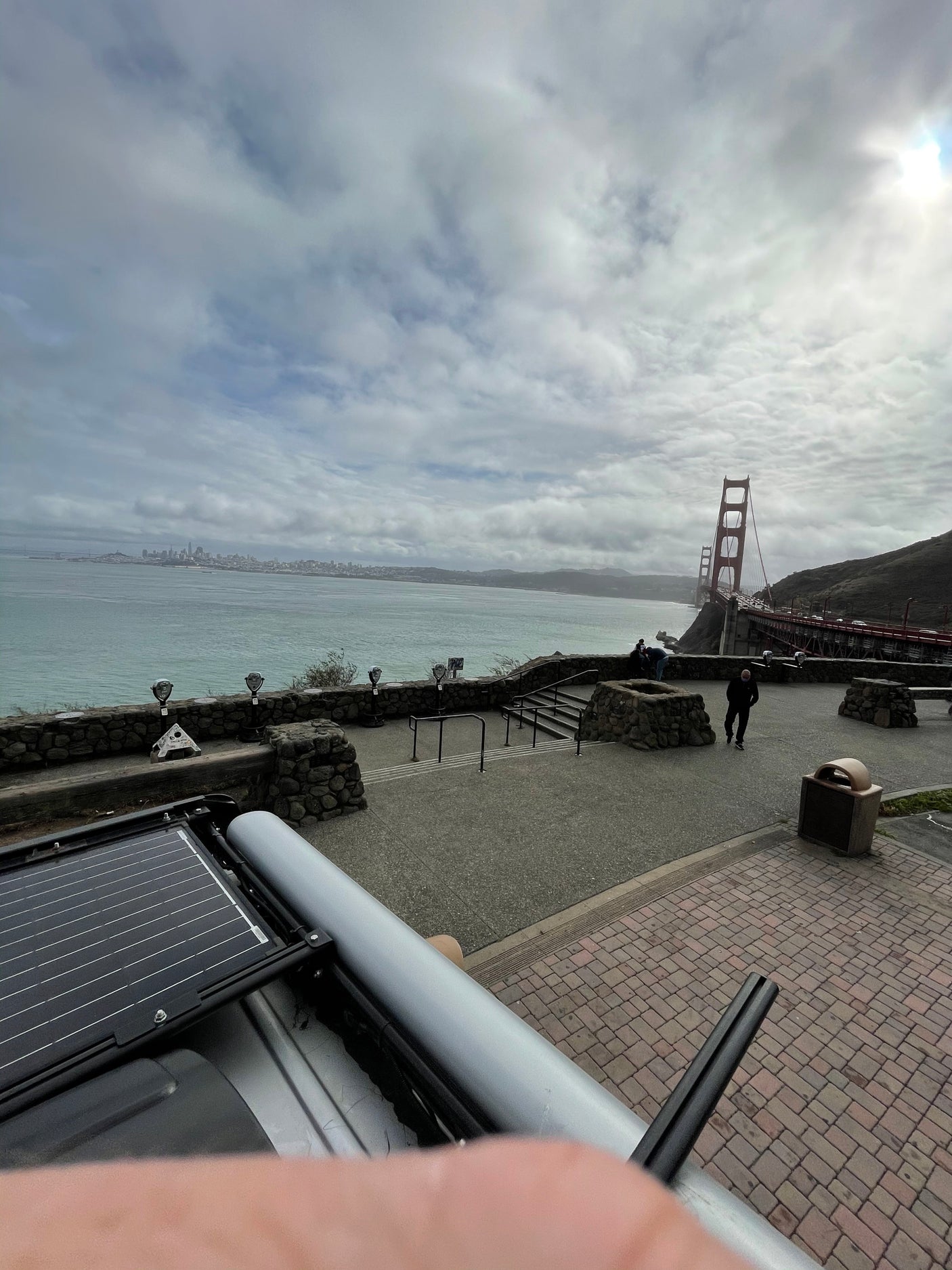 RV rental view: Golden Gate Bridge, SF cityscape, and Bay from a scenic overlook.