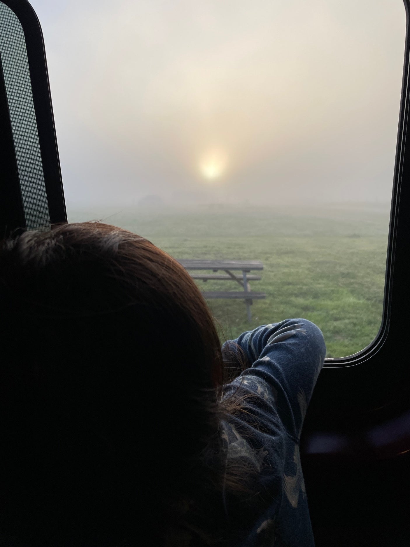 RV rental: Child at window, misty morning, sun over field & picnic table.