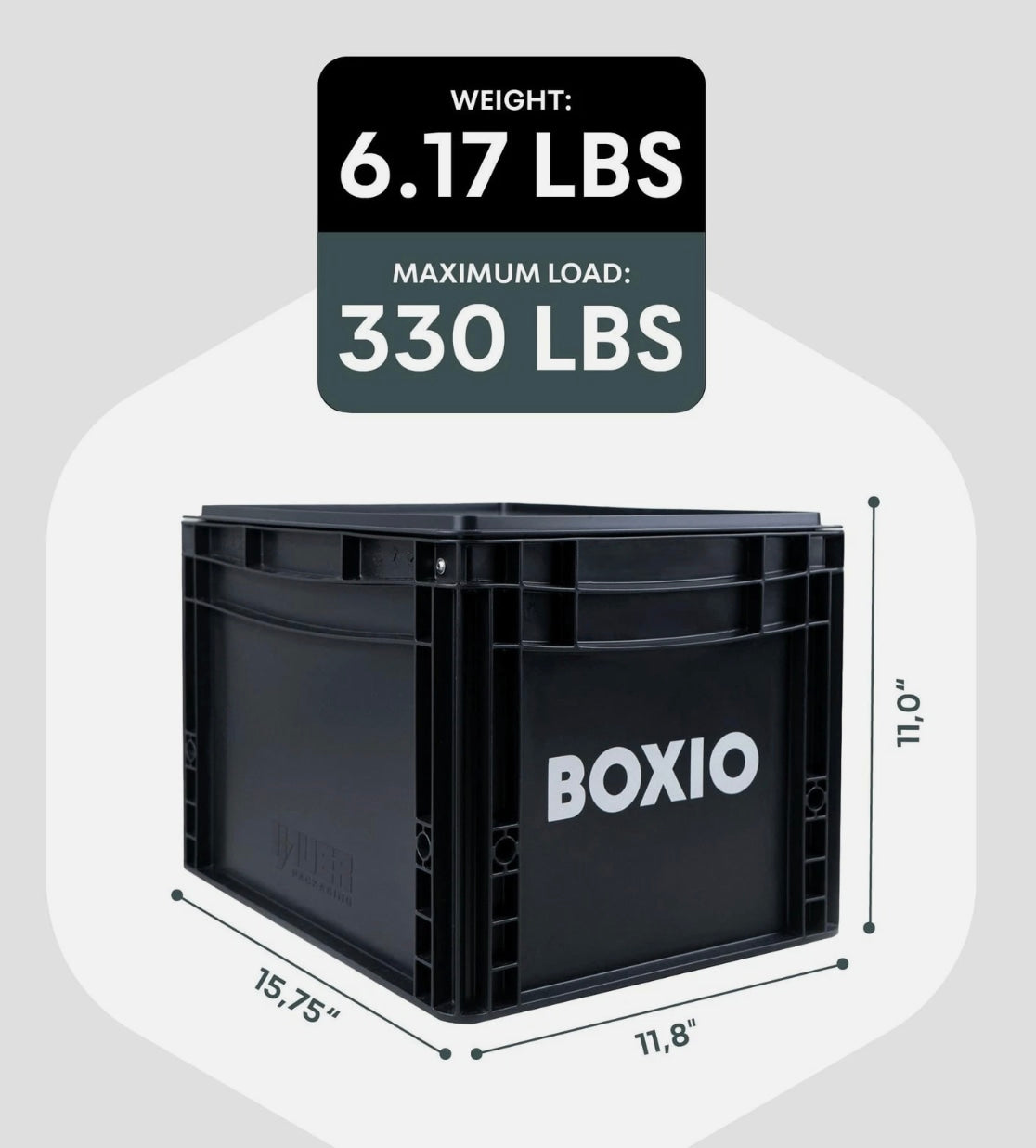Black BOXIO storage crate, perfect for RV rental organization, measures 15.75"x11.8"x11.0". Weighs 6.17 lbs, holds up to 330 lbs.