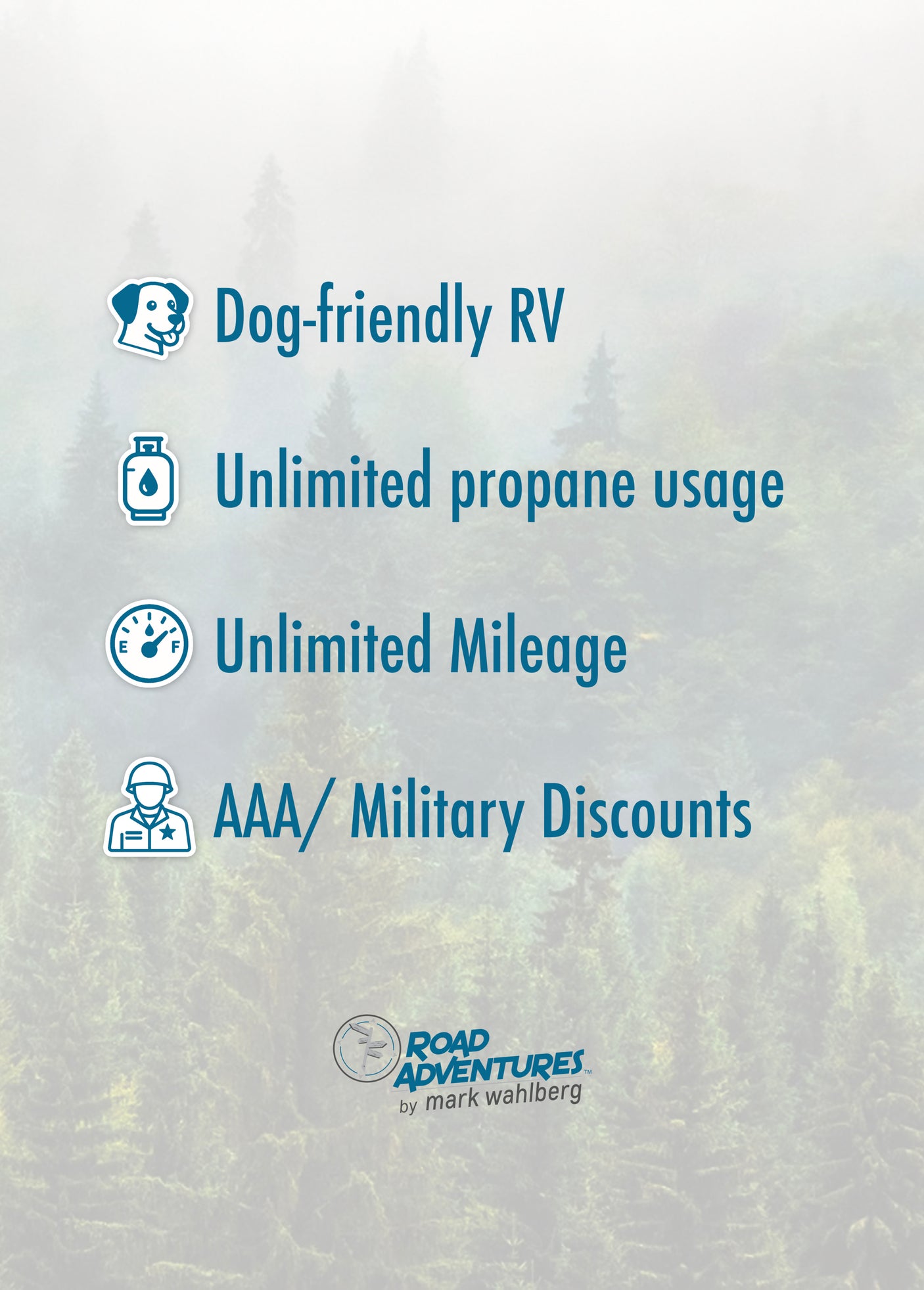 Road Adventures by Mark Wahlberg **rv rental** offers dog-friendly RVs, unlimited mileage & propane usage, plus AAA/military discounts.
