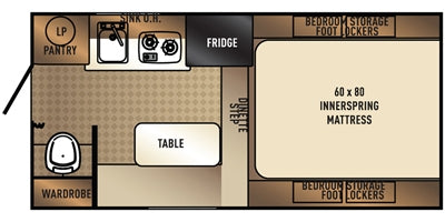 RV rental floor plan with full-size bed, dinette, kitchen (sink, stove, fridge), and toilet for comfortable travel.