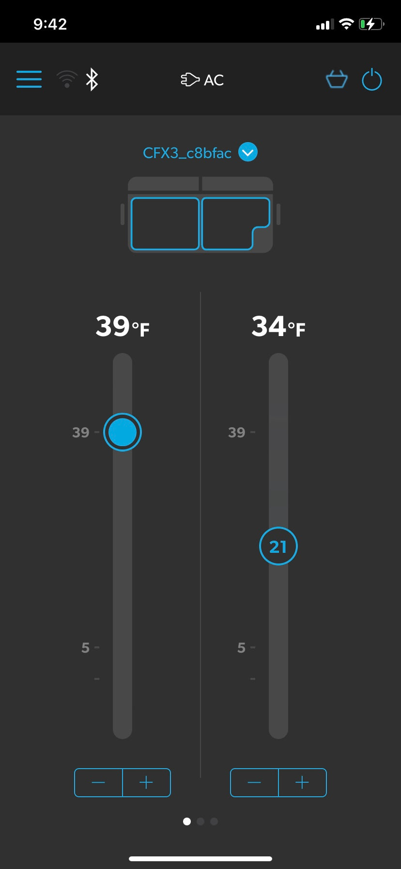 Mobile app showing dual-zone temperature control for a portable fridge, ideal for an rv rental. Displays 39°F and 34°F settings with sliders.