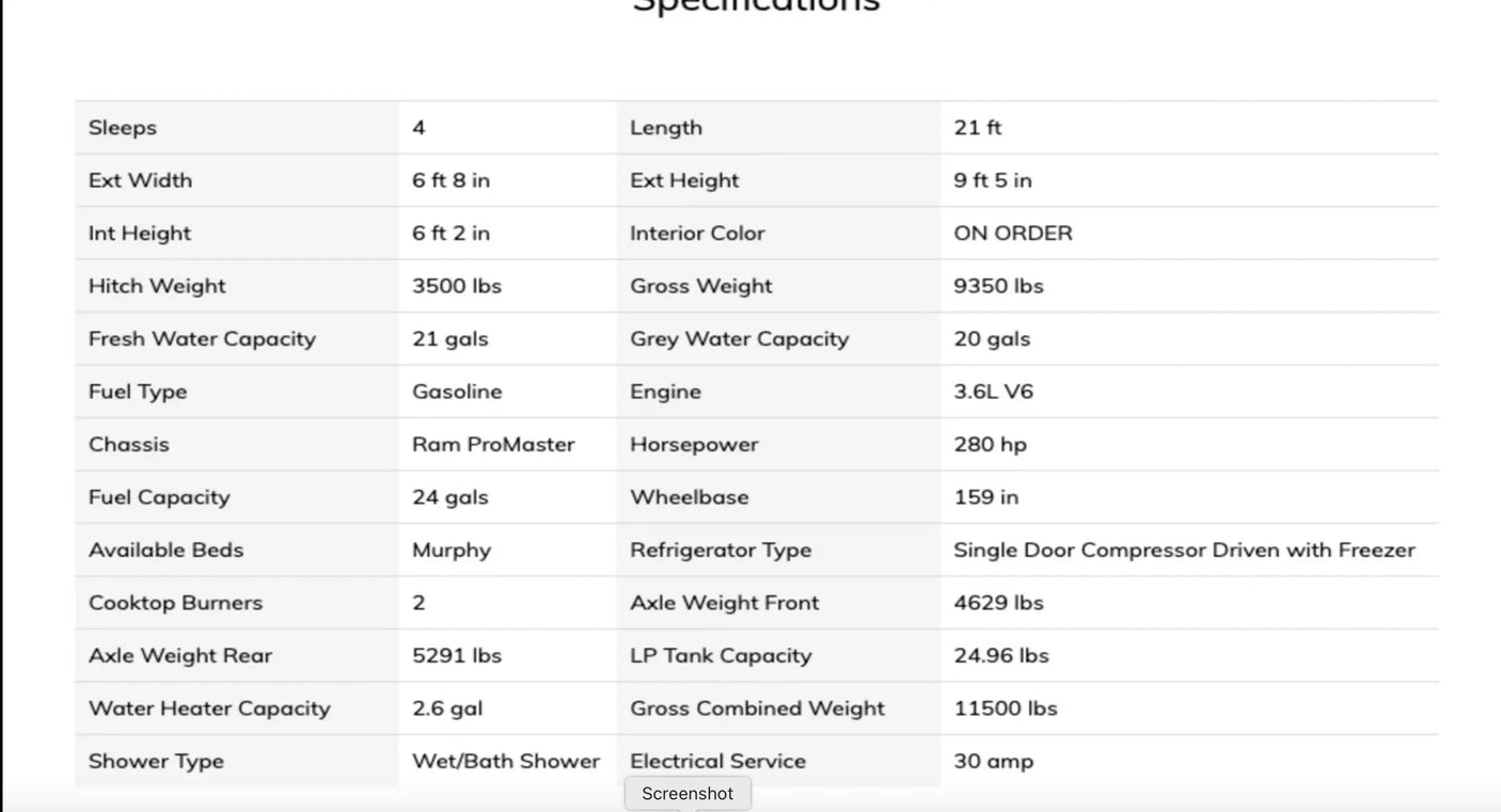 Detailed specifications table for an RV rental. It lists dimensions, weights, capacities, engine type, and other key features of a camper van.