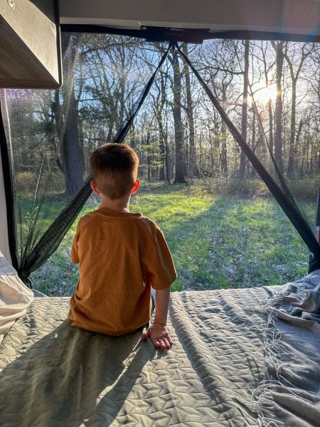 and dark privacy shades on back windows.|Inside this rv rental