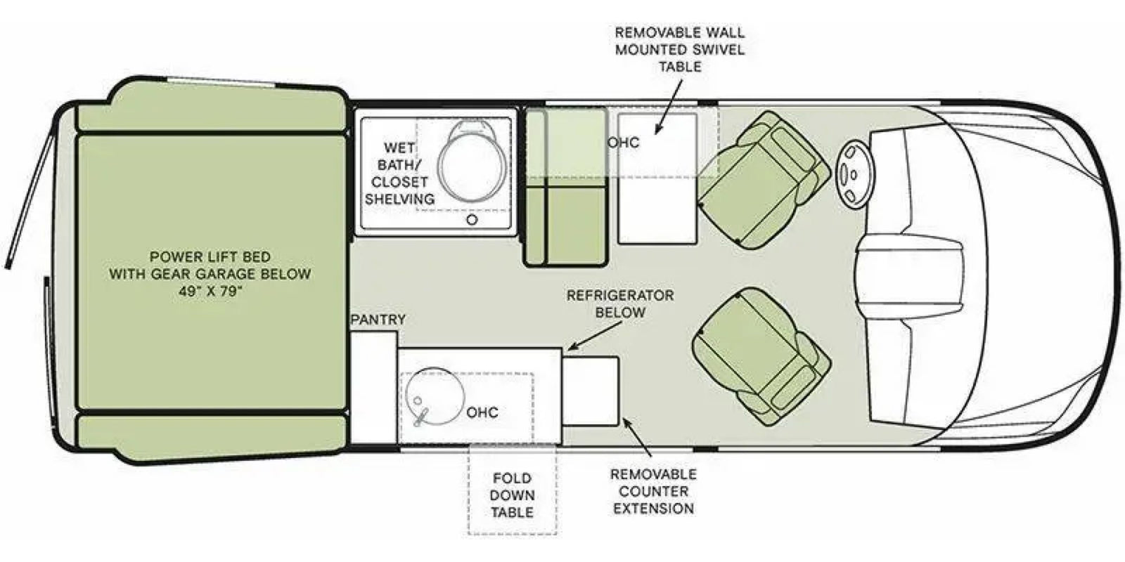 This RV rental camper van floor plan details the interior: rear power lift bed with gear garage, wet bath, kitchen, and swivel seats.