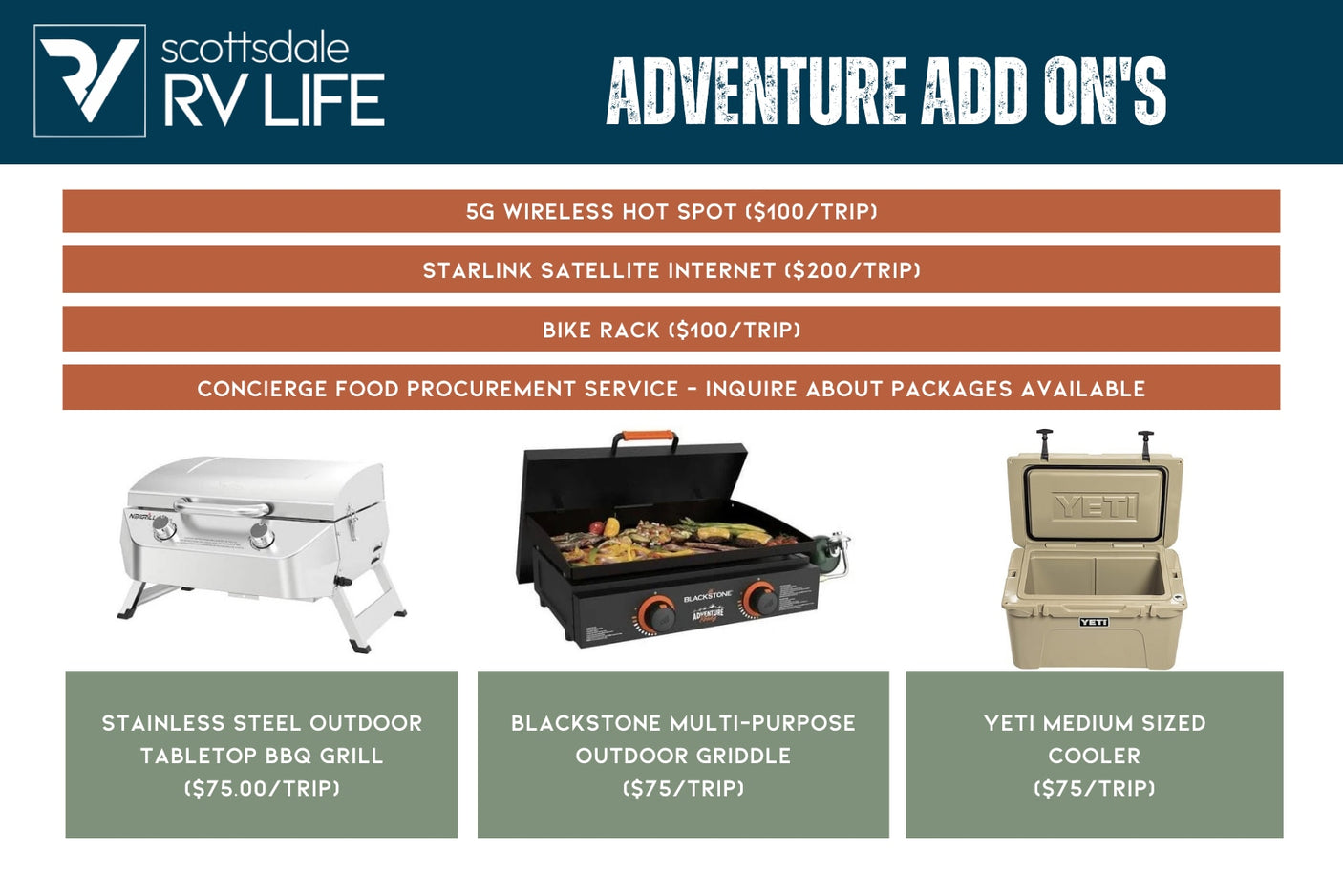RV rental adventure add-ons: Internet, bike rack, grills, and cooler shown with prices for your next trip.
