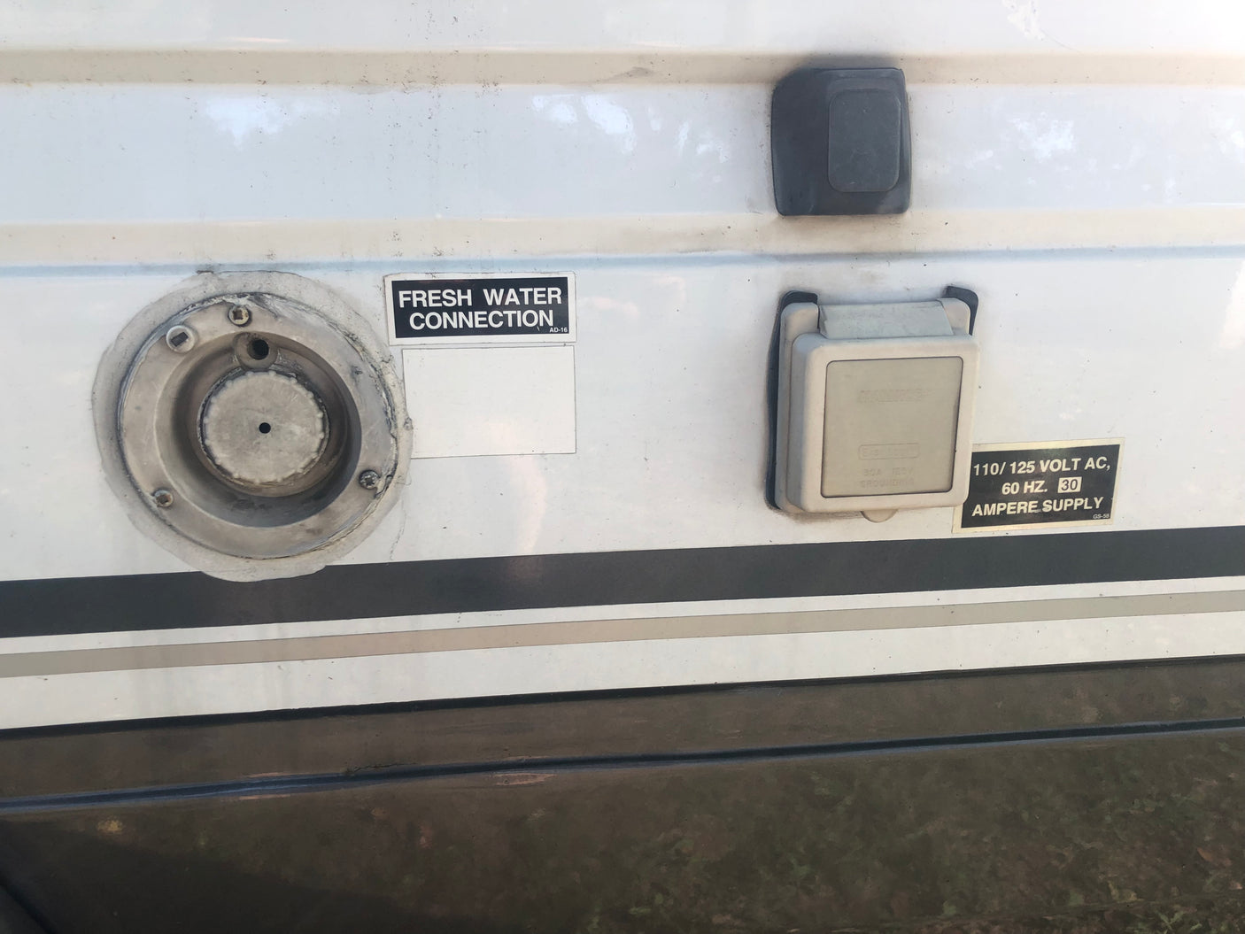 Side of an **rv rental** showing fresh water connection and 110/125V AC, 30-ampere power supply for utilities.